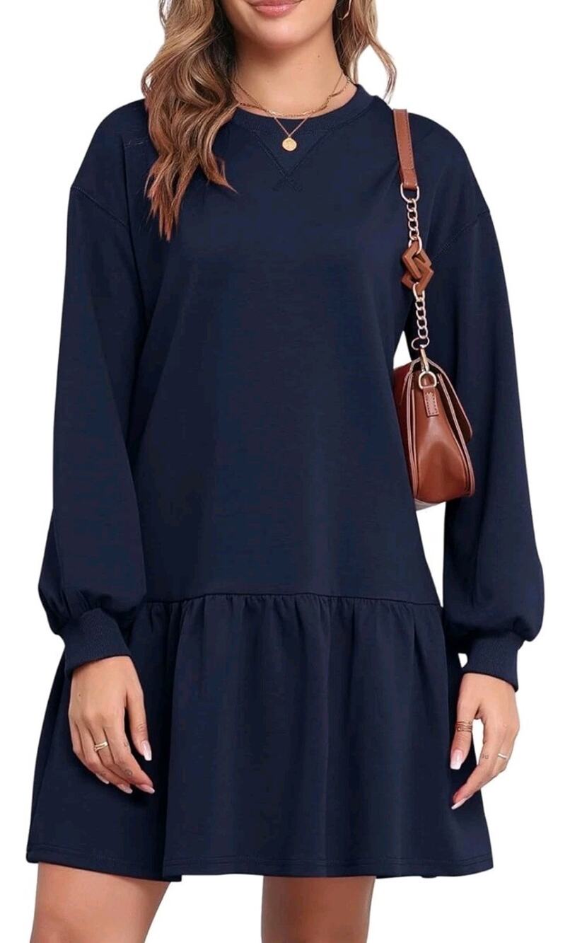 Dokuritu Sweatshirt Dress Women Small Navy Blue Ruffle Hem Long Sleeve NWT